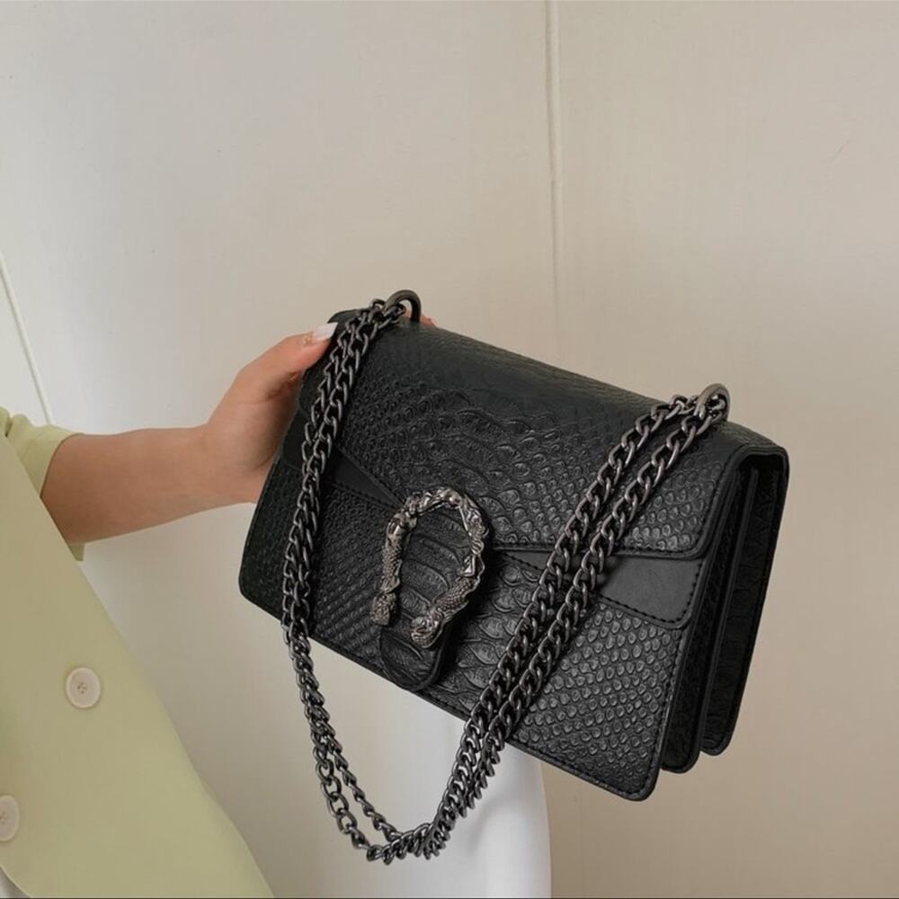 Black Snakeskin Embossed Designer Shoulder Bag with Chain